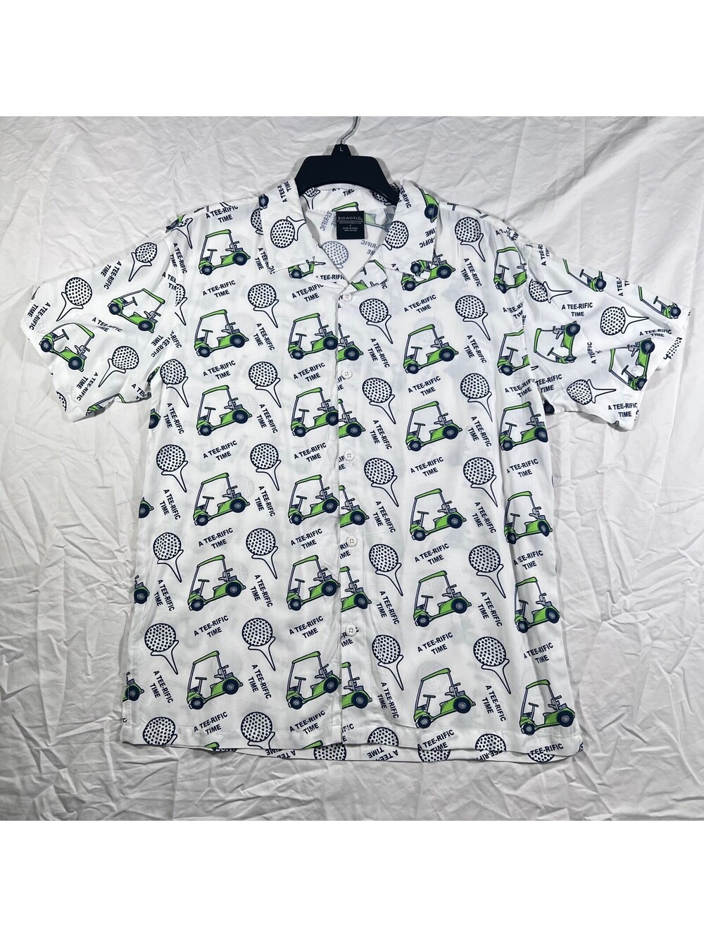 Bioworld Men’s S Golf Cart A Tee-Rific Time Rayon Button Up Shirt White